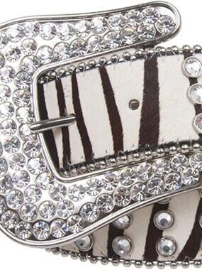 Beltiscool Cow Hair Western Rhinestone Ornaments Zebra Print Genuine Leather Bel